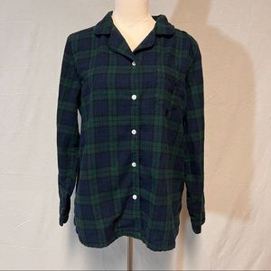 LL Bean Women's L Blue Green Tartan Plaid Flannel Pajama Top PJ Button Up